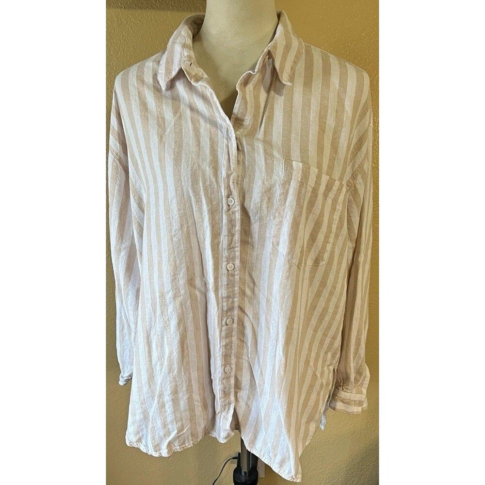 Old Navy The Boyfriend Shirt Womens XL Beige/White Striped Linen Viscose